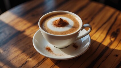 Morning scene featuring a ceramic cup of cappuccino with milk foam and cinnamon powder on a wooden surface