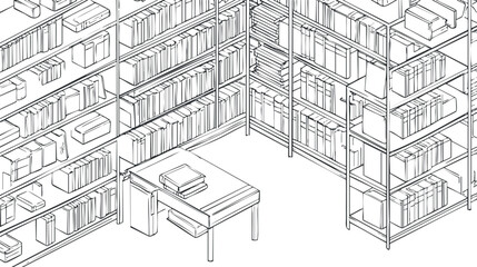 Black and white line drawing of a library interior with bookshelves filled with books and a table with stacked books, ideal for education and study contexts.