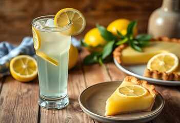 Refreshing lemon soda in glass, slice of lemon pie on rustic wooden table, summer,  picture
