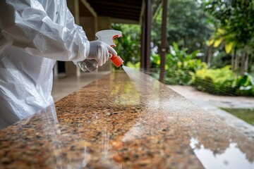 Naklejka premium Person in protective gear spraying disinfectant on outdoor surface amidst lush greenery