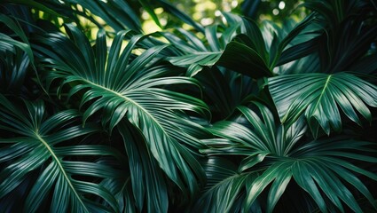 Vintage-style jungle scene showcasing large palm leaves and vibrant greenery