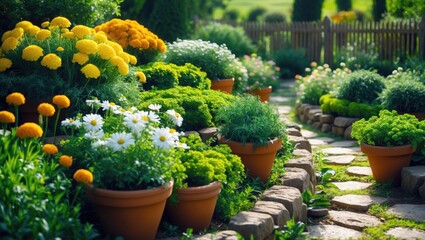 Fototapeta premium In the garden, a herb spiral with vibrant flowers and fresh herbs