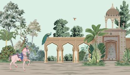 Indian Palace Wallpaper, Mughal Garden Illustration, Indian Palace, Mughal Mural, Indian Wedding Background. © Sharif