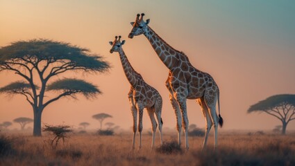 Wildlife panorama featuring giraffes during evening in Serengeti National Park