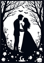 Postcard vampire love. Silhouette. Base for cutting. Template for laser cutting. Dark academy. Fantastic creatures. Mysticism.