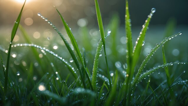 Sparkling dew on grass blades in close-up