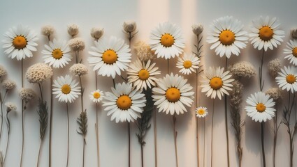 Obraz premium Isolated chamomile and daisy flowers with yellow and green hues on a textured floral background