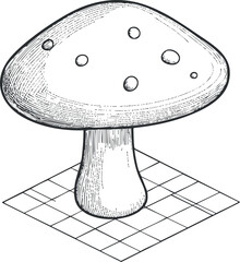 Black and white hand drawn illustration of a mushroom with detailed cap and stem on a grid background