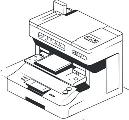Black and white line drawing of a multifunction printer with scanning and copying features for office use