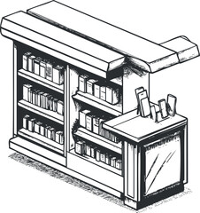 Black and white line illustration of a retail counter with bookshelves and display stand for merchandise