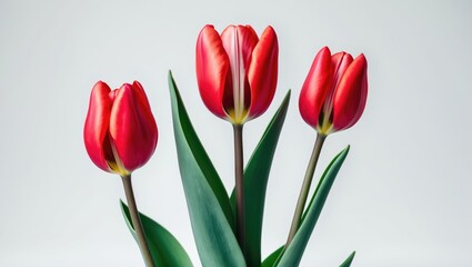 Three red tulip buds shown in close-up on a plain white background
