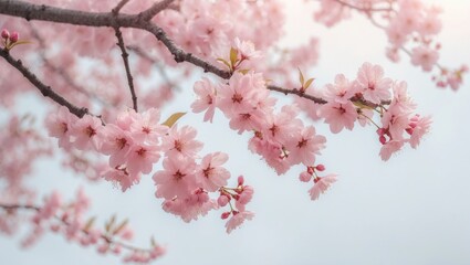 Cherry blossom flowers in pink decoration on a spring tree with a white backdrop