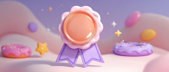 Award Badge Ribbon 3D Render Pastel Pink Purple Donuts Background