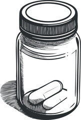 Black and white line art illustration of a medicine bottle with capsules inside, symbolizing medication and healthcare.
