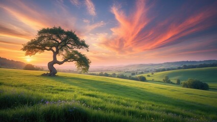 Fototapeta premium Relaxing panoramic rural vista in the summer morning after sunrise, highlighting a tree on green grasslands and colorful clouds in the atmosphere