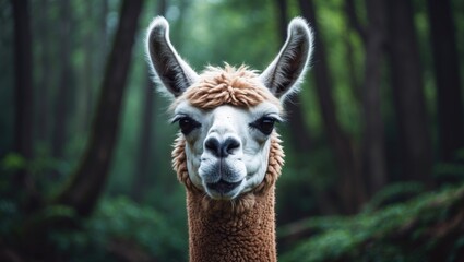 Obraz premium Funny and adorable alpaca face with fluffy fur and cheerful expression in nature