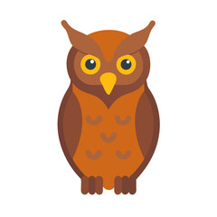 Stylized brown owl with yellow eyes flat illustration