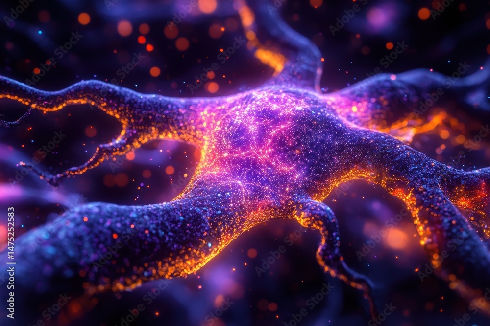 Poster colorful microscopic view of neurons displaying intricate connections and vibrant patterns in a deep