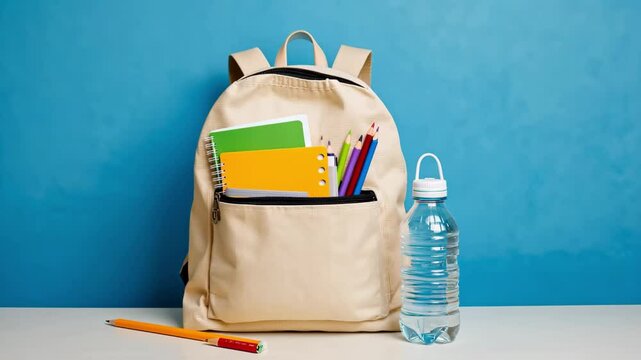 Back to school essentials backpack notebooks pencils water bottle education supplies study gear kids 4k video