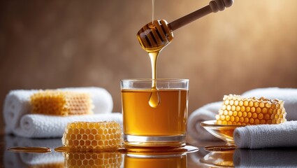 Honey and honeycomb closeup amidst towel decor in a wellness spa