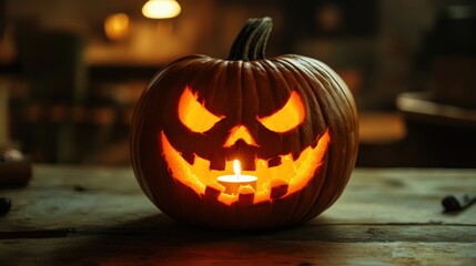 Spooky carved pumpkin illuminated by candlelight.