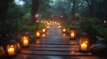 Path illuminated by candle lanterns leads into a blurry green forest background