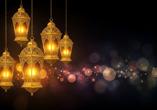 Golden lanterns hanging with bokeh lights for festive celebrations and religious events 