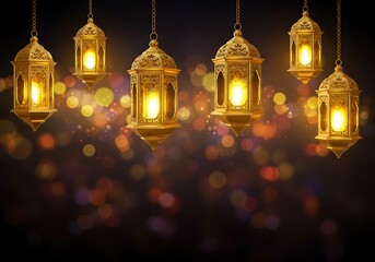 Golden lanterns hanging with bokeh lights for festive celebrations and religious events, invitations, and greeting cards
