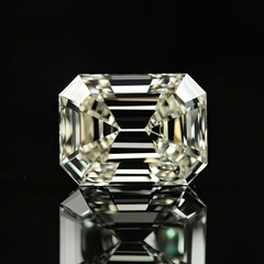 A radiant emerald-cut gemstone, showcasing exceptional clarity and brilliance, rests on a reflective surface