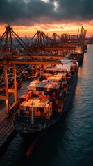Cargo ship docked at port under dramatic sunset sky surrounded by industrial cranes and containers perfect for global logistics, export economy topics and shipping infrastructure visuals