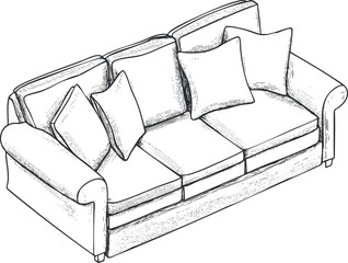 Hand-drawn illustration of a three-seat sofa with cushions and armrests for living room seating