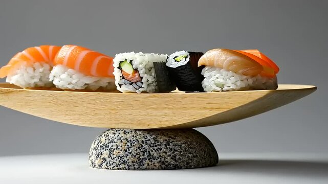 Assorted sushi pieces elegantly arranged on a wooden platter balanced on a stone base
