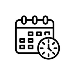 A simple black  icon features a calendar and a clock, representing the concept of scheduling or time management