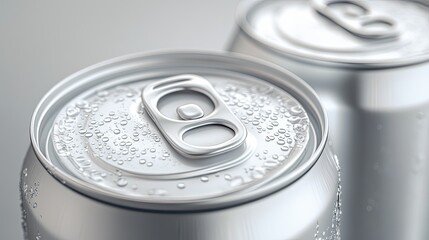 Close-up of two cold, metallic beverage cans with condensation. (2)