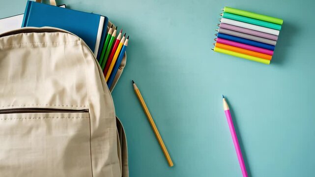 Back to school supplies backpack notebook pencils education student learning study canvas bag flatlay 4k video