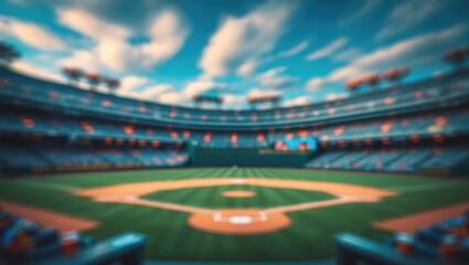 Blurred vibrant panorama of a stadium view before the game, emphasizing the meticulously maintained field and the anticipation of eager fans.