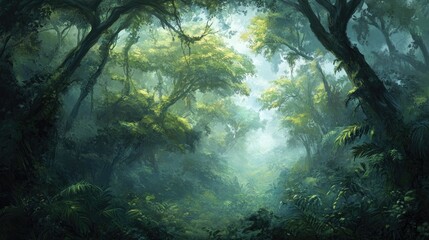 Lush, dense forest path illuminated by soft light.