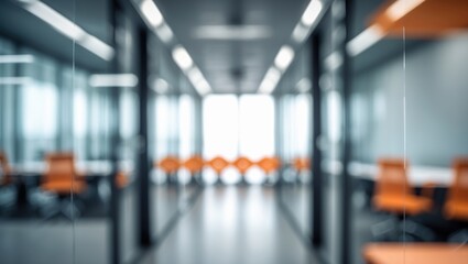 Modern office setting with blurred panoramic windows, glass partitions, and minimalist gray and orange aesthetics for professional environments