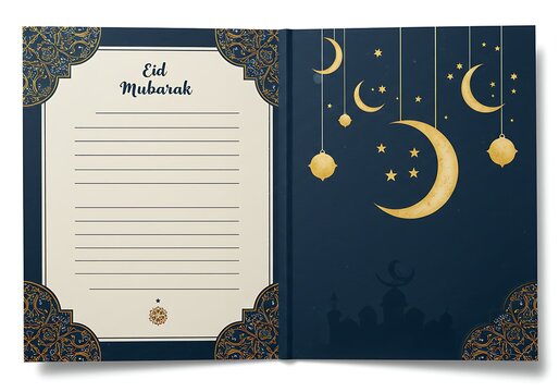 Eid mubarak greeting card with moon and stars design for festive celebrations and personalized messages