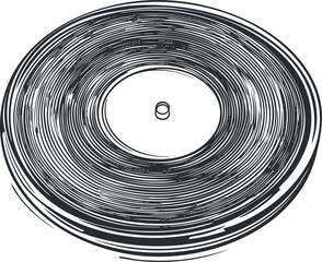 Black and white illustration of a vinyl record with grooves and a central label for music playback