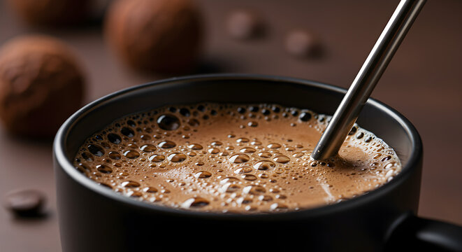 Steaming Hot Chocolate with Bubbles: Indulge in a Rich, Frothy Cup of Warmth. This delicious beverage, captured in a close-up, showcases the perfect blend of cocoa and milk, topped with enti