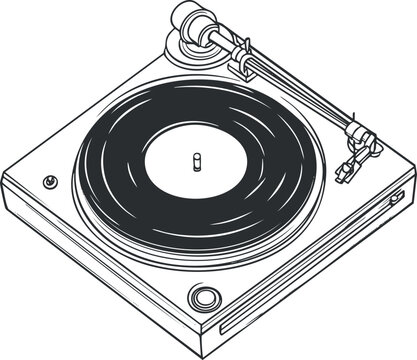 Black and white lineart illustration of a classic vinyl record player turntable with tonearm and needle