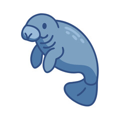 Cartoon manatee with simple design swimming in black background