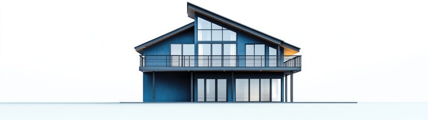 Modern two-story blue house with large windows and balcony.