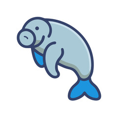 Cute blue cartoon manatee swimming with a friendly smile
