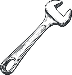 Detailed black and white sketch of an adjustable wrench tool for mechanical repair and maintenance