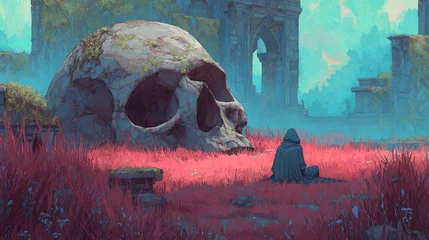 Gardinen giant skull in surreal red grass landscape with ancient ruins and lone human figure under teal sky mysterious fantasy decay scene digital art  © Vilius