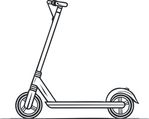 Black and white line drawing of an electric scooter with two wheels and a handlebar for urban transportation