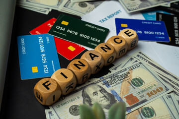 Conceptual flat lay image symbolizing financial planning and digital payments. Includes realistic mock credit cards, hundred-dollar notes, and wooden cubes arranged to form the word “FINANCE.”