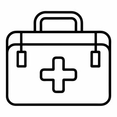 A black and white line drawing depicts a first aid kit with a prominent medical cross.

